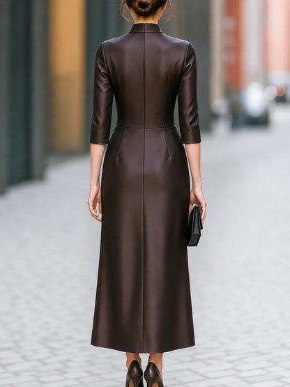 Elegant Stand Collar Zip Front Midi Dress
