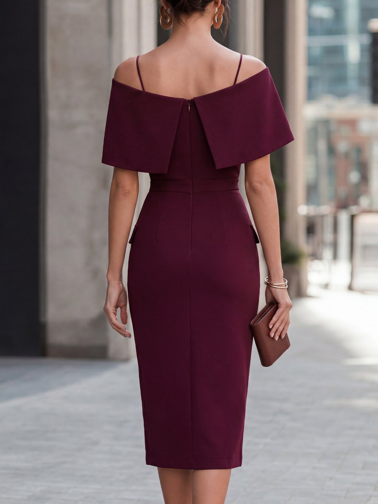 Off-Shoulder Asymmetric Foldover Mock Button Slit Pencil Midi Dress