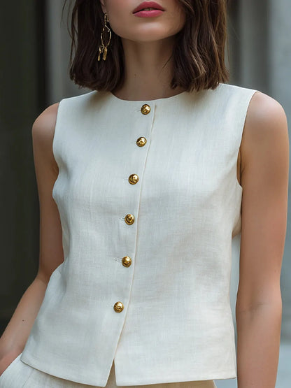 Sleeveless Button-Up Linen Vest & Tailored Shorts Set