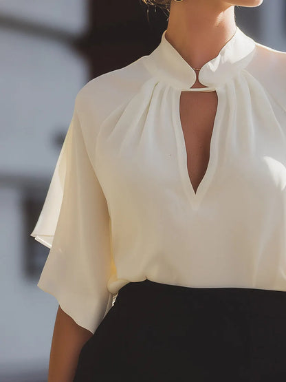 High-Neck Keyhole Blouse With Flutter Sleeves And Soft Gathered Detail