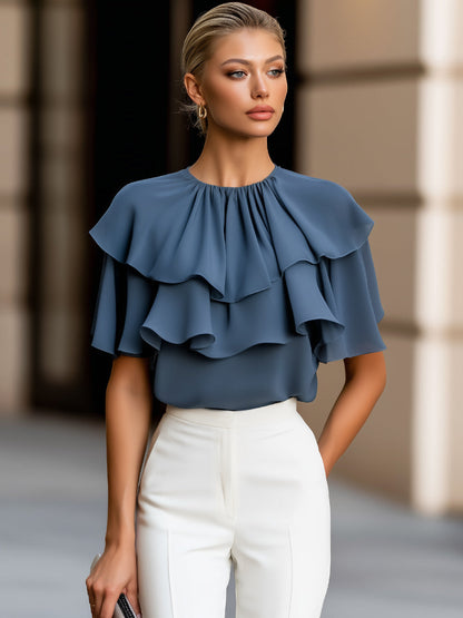 Tiered Ruffle Cape Sleeve Chiffon Blouse