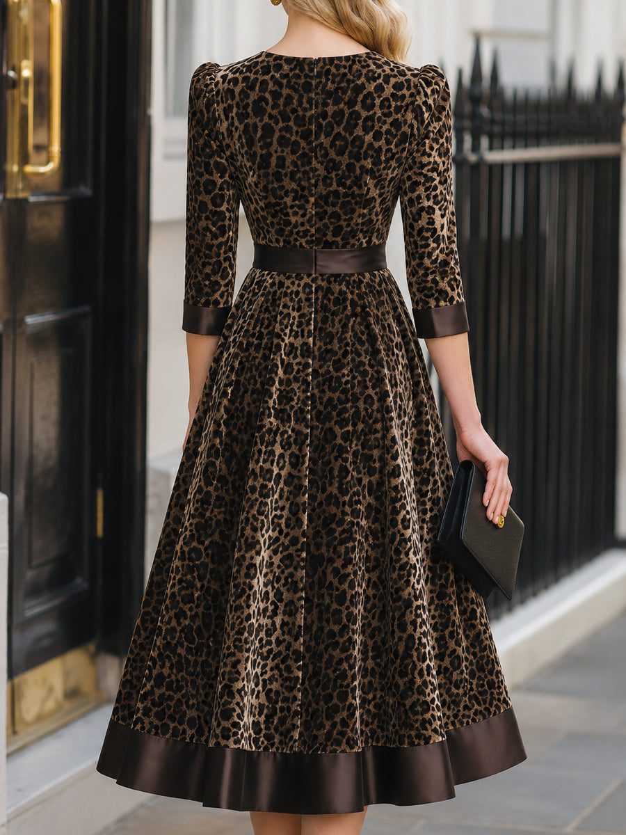 Satin Wide Trim Velvet Leopard Midi Dress