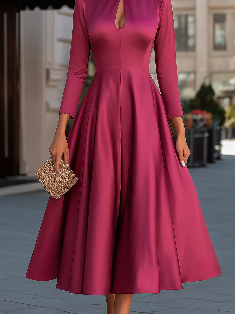 Satin Keyhole Neck Full A-Line Midi Dress