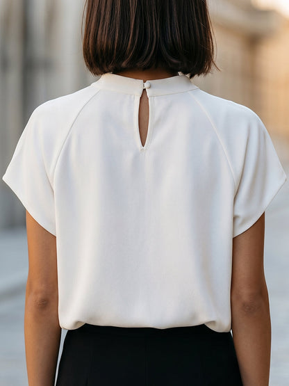 Minimalist High-Neck Cap Sleeve Blouse With Relaxed Blouson Hem