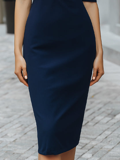 Sheer Mesh Panel Sweetheart Elbow-Sleeve Pencil Midi Dress