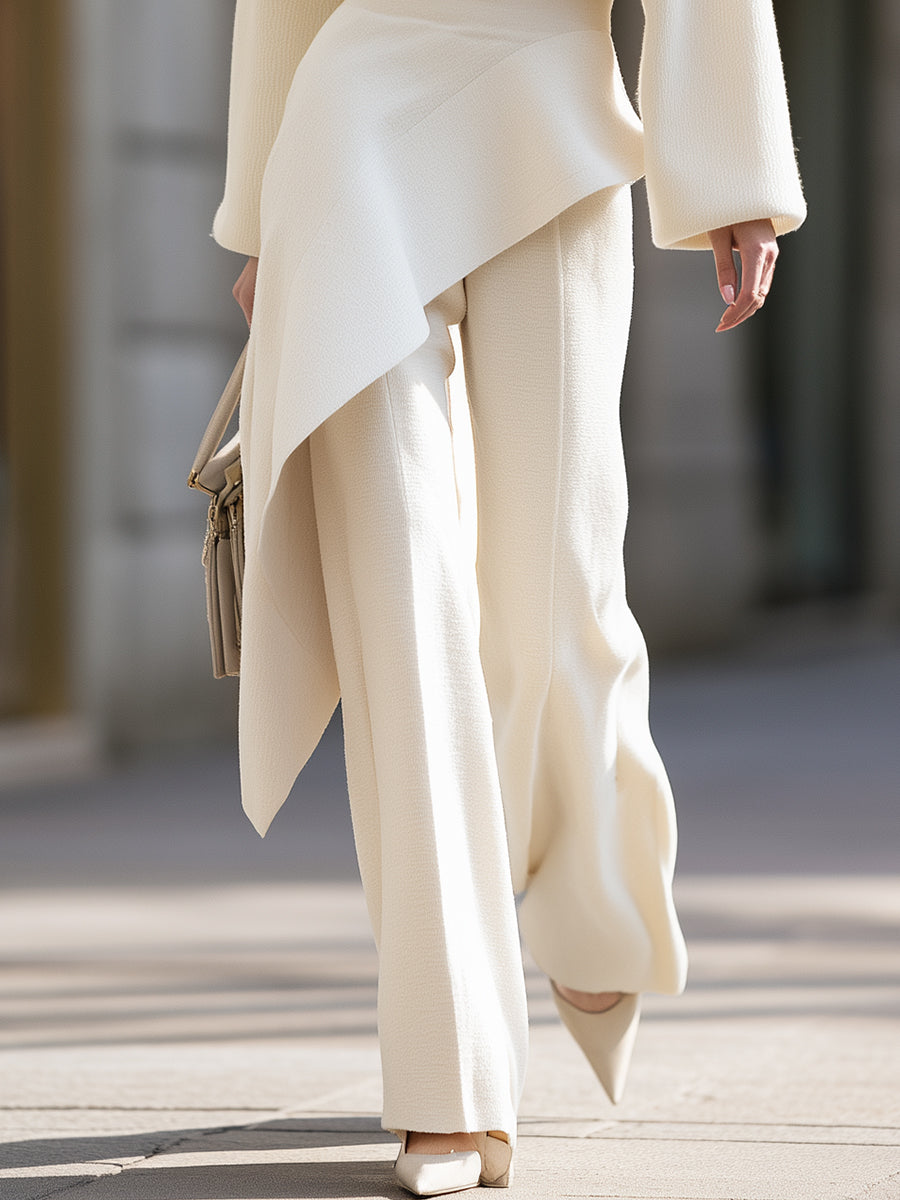 Asymmetric Peplum Knit Top & Wide-Leg Pants Set