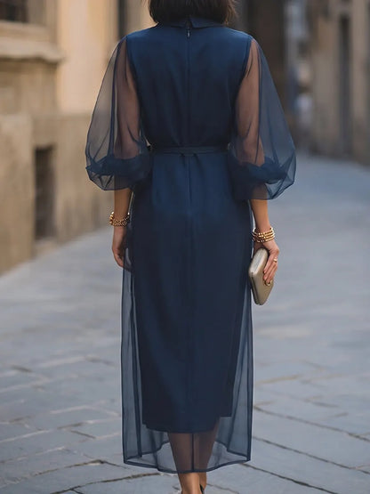 Sheer Organza Sleeve Belted Shirt Midi Dress
