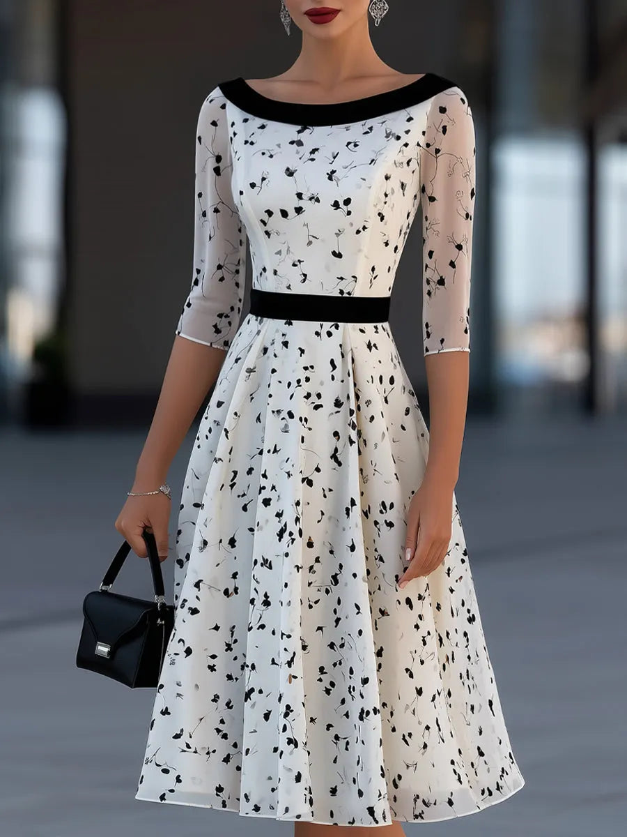 Contrast Waist Sheer Mesh Floral Print Midi Dress