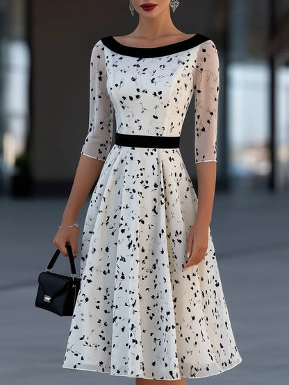 Contrast Waist Sheer Mesh Floral Print Midi Dress