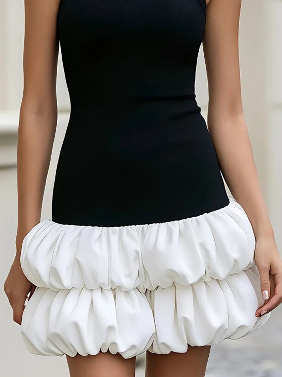 Black And White Sleeveless Racerback Puff Bubble Hem Mini Dress