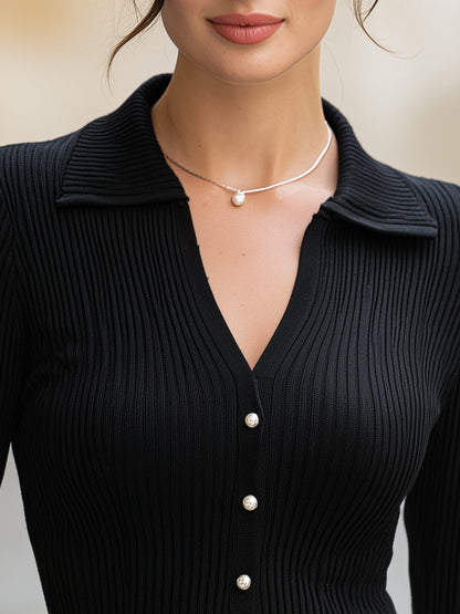 Faux-Button Polo V-Neck Ribbed Knit Sweater