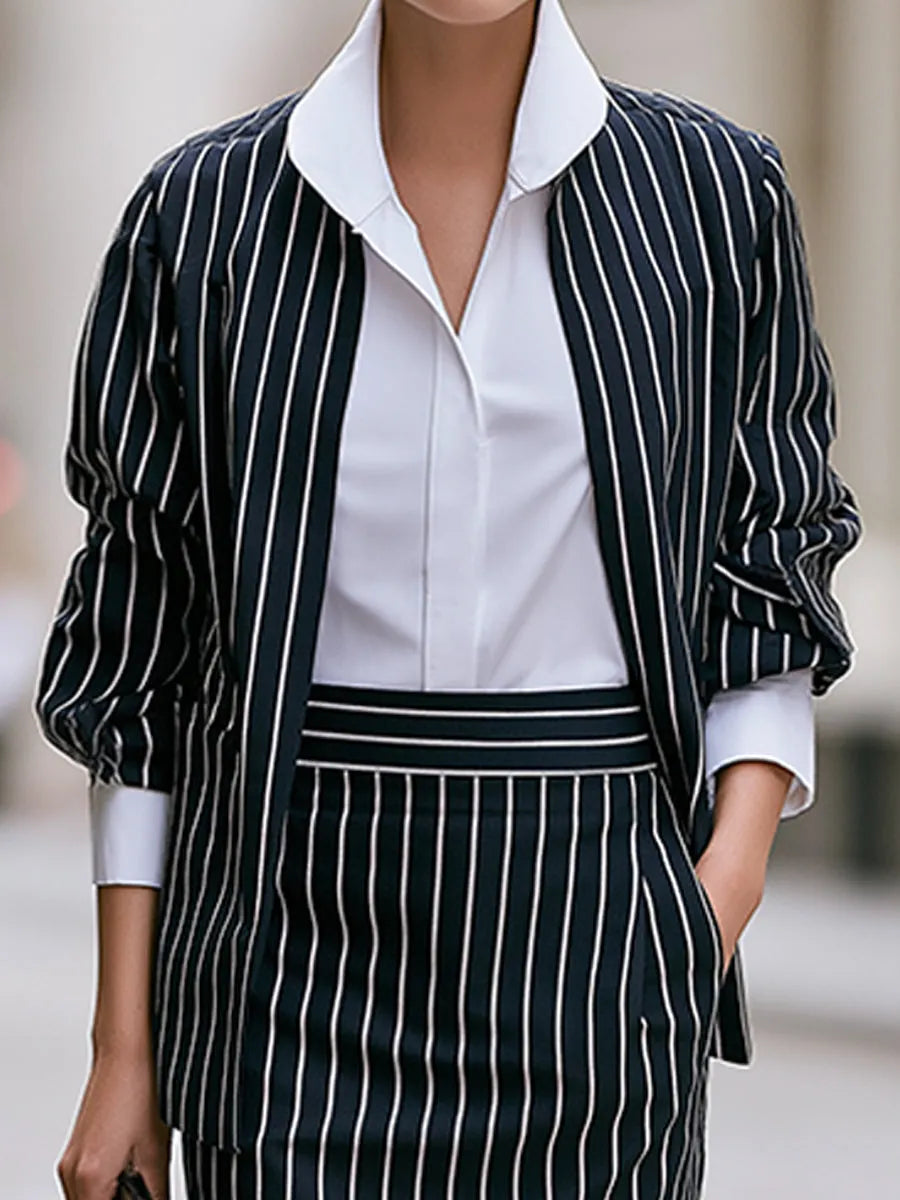 Three-piece Set Featuring A Pinstriped Blazer A Shirt  A Midi-length Pencil Skirt