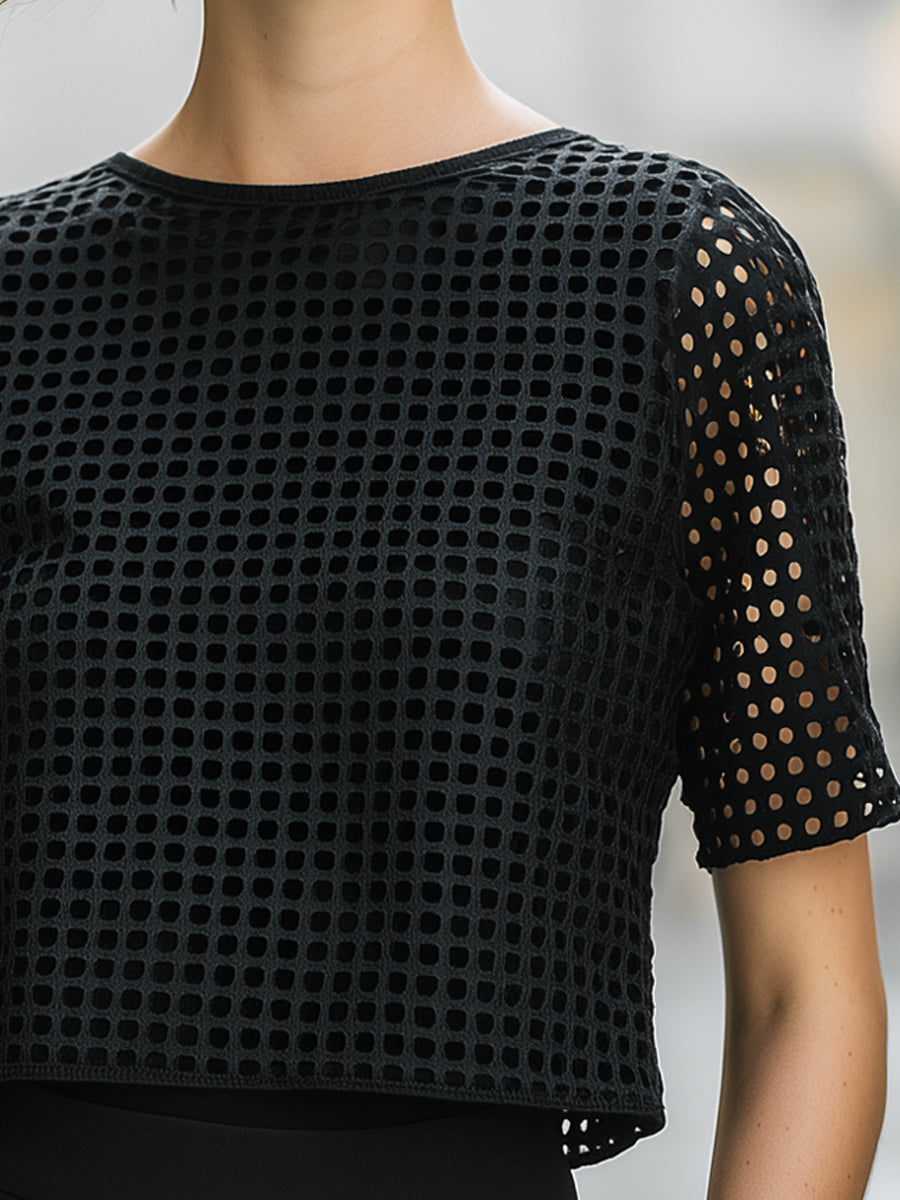 Black Short-Sleeve Textured Grid Crop Top