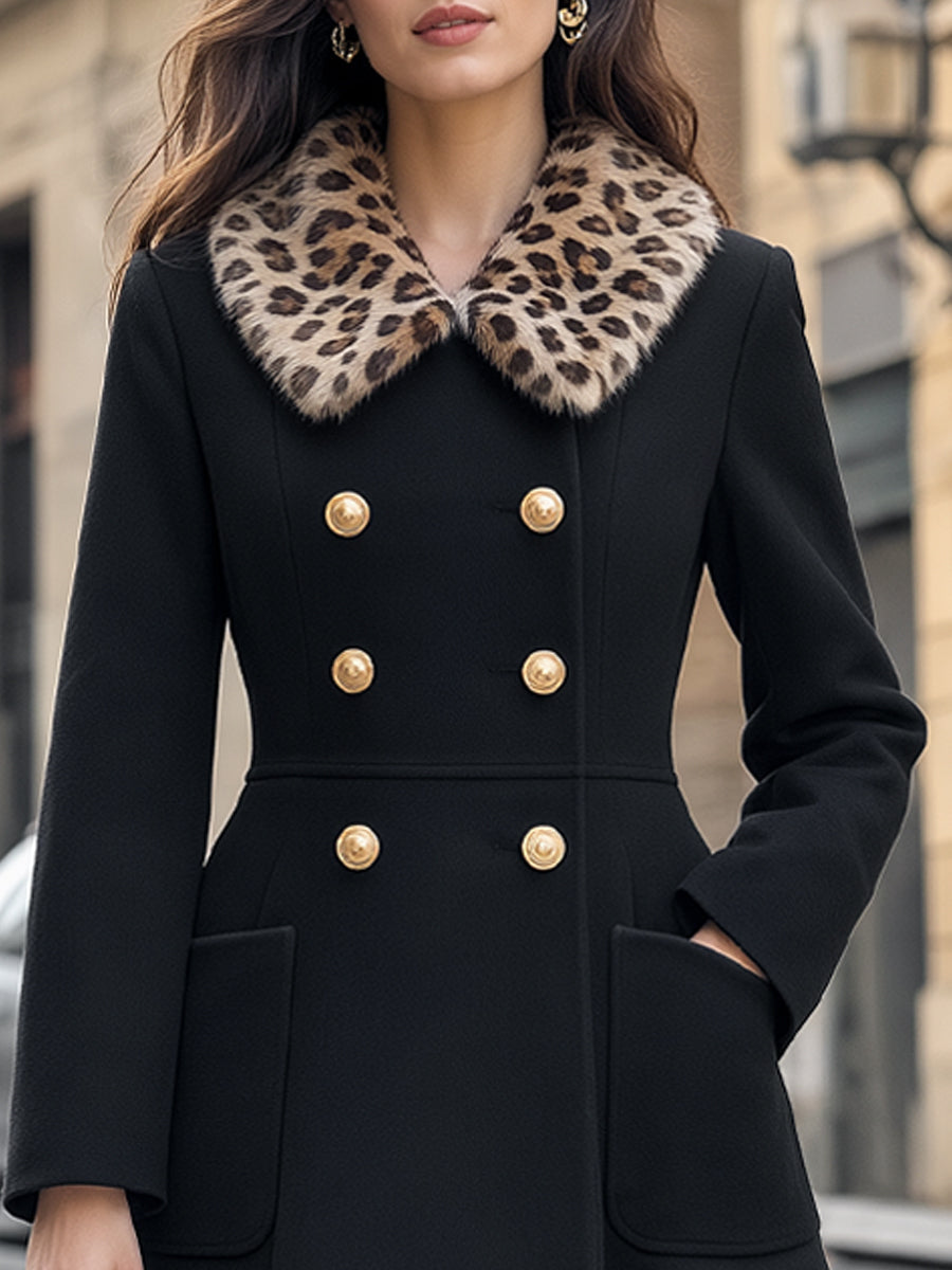 Leopard Faux Fur Collar Double-Breasted Midi Coat