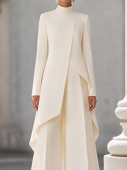 Elegant Ivory High Neck Tailored Longline Coat Set