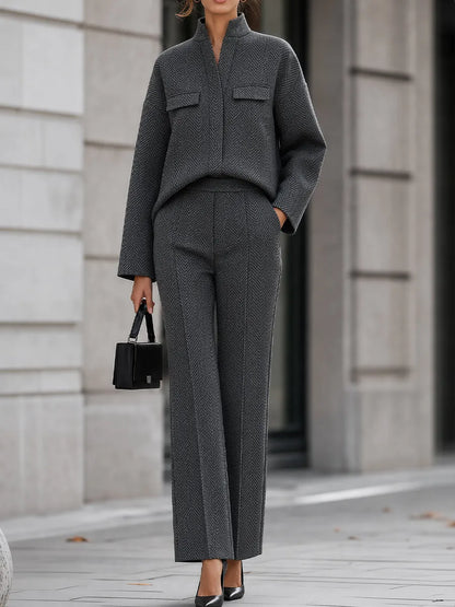 Herringbone Tweed Co Ord Stand Collar Top Wide Leg Pants Suit