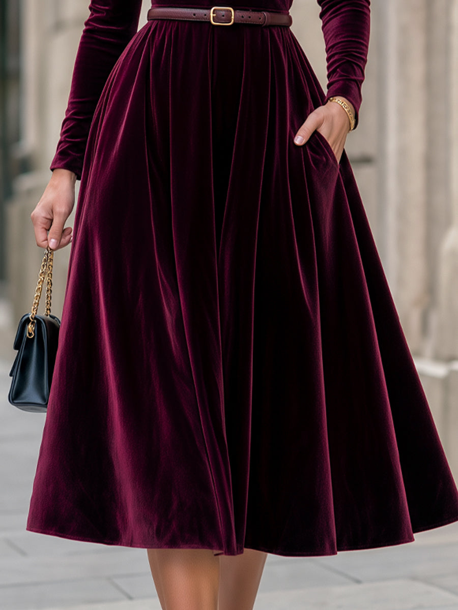 Velvet Turtleneck Belted Structured Midi Dress