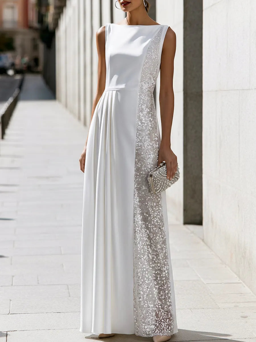 Sleeveless Sequin Side Panel Pleated Evening Gown