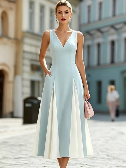 Sleeveless V-Neck Colorblock Pleated A-Line Midi Dress