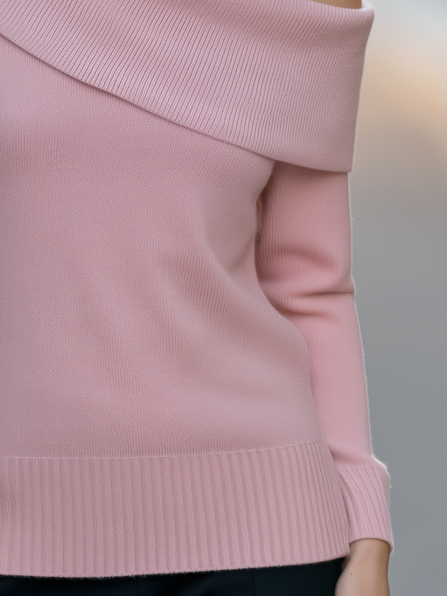Off-Shoulder Foldover Neck Ribbed Knit Sweater