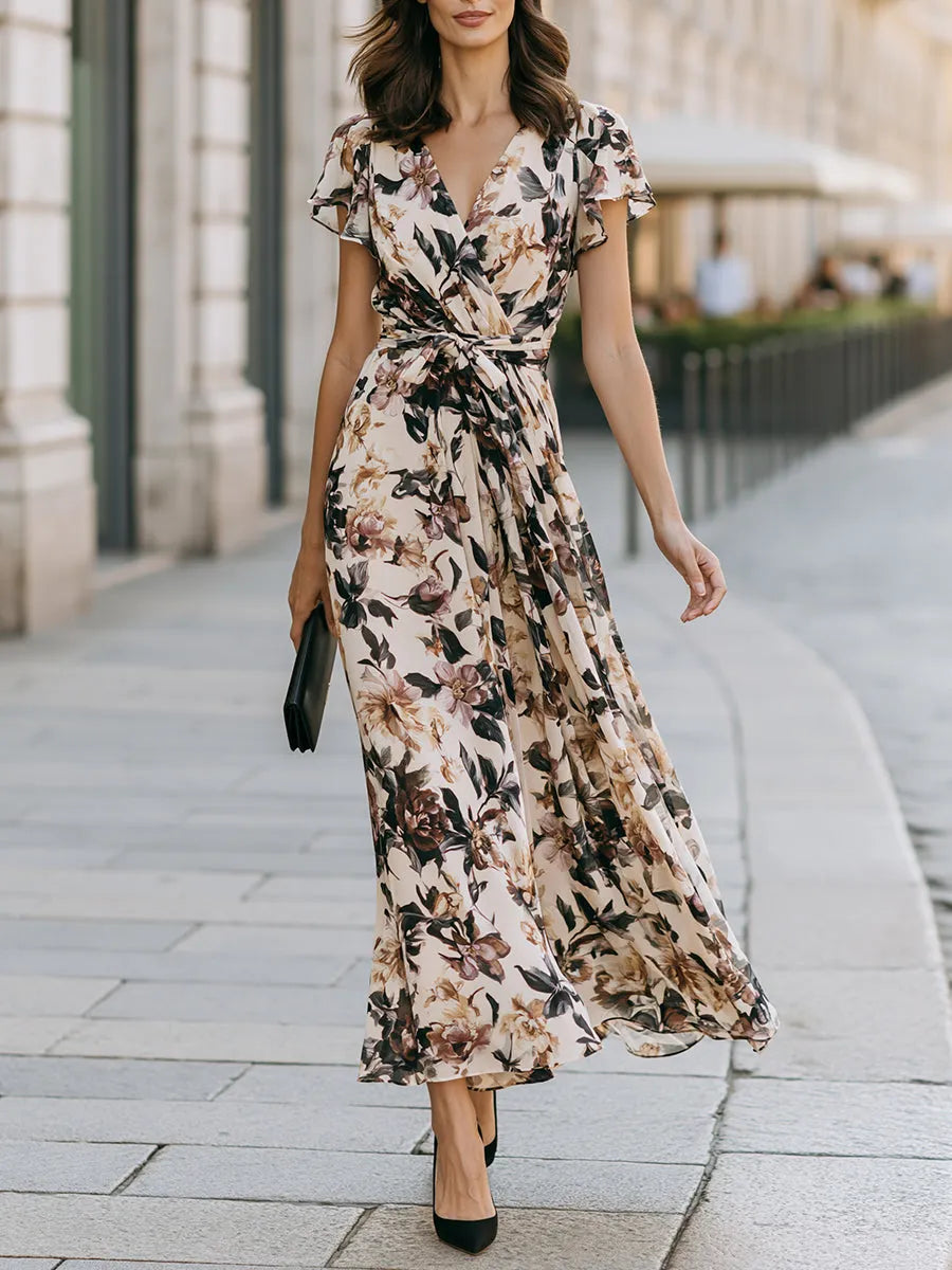 Elegant Floral Wrap Maxi Dress With Tie Waist And Flutter Sleeves