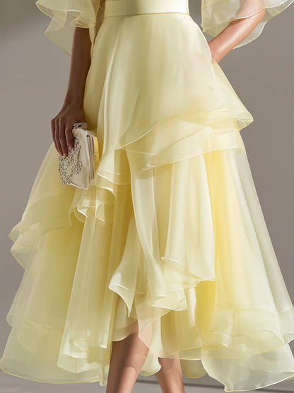 Sheer Yoke Flutter Sleeve Layered Organza Midi Dress
