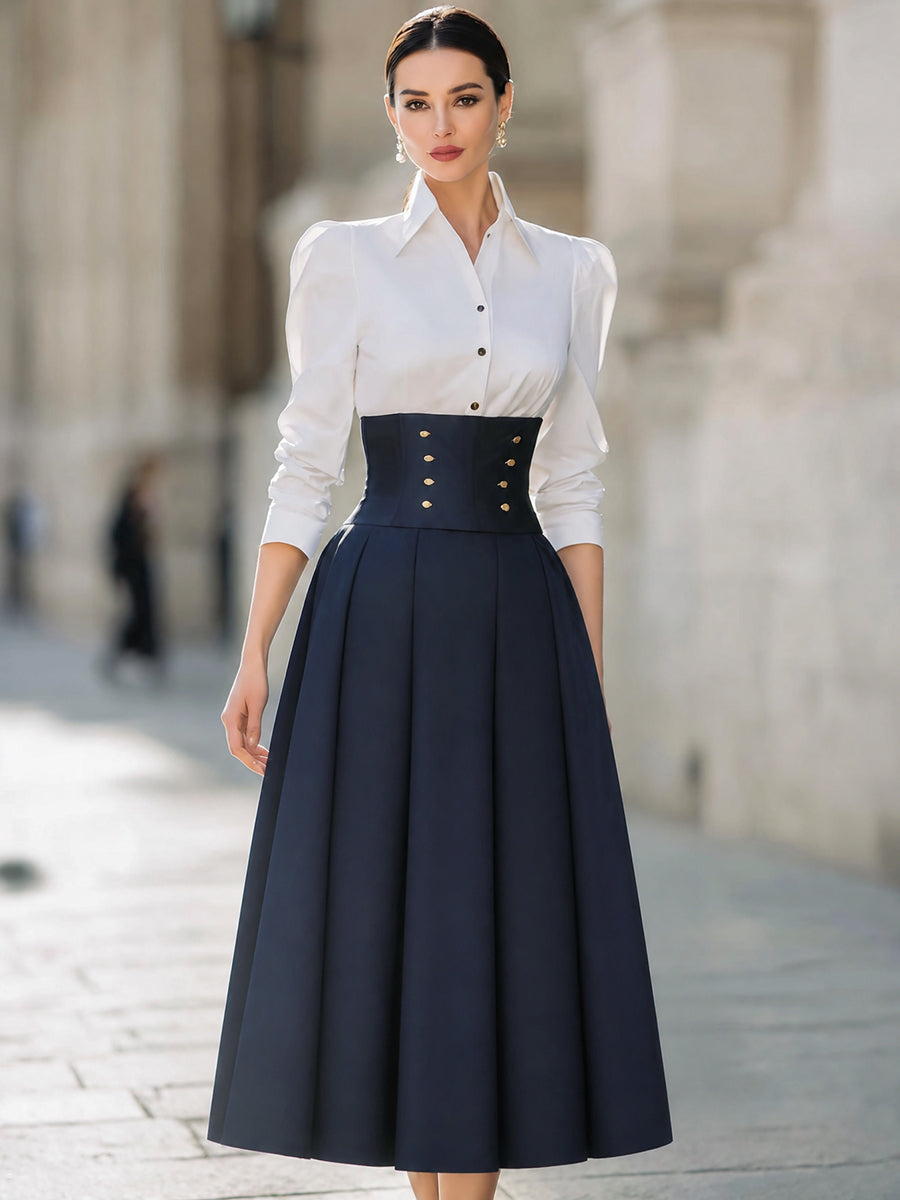 Contrast Collared Long Sleeve A-Line Midi Dress With Button Corset Waist