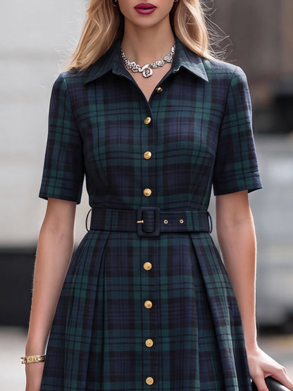 Tartan Plaid Shirt-Style Tailored Midi Dress