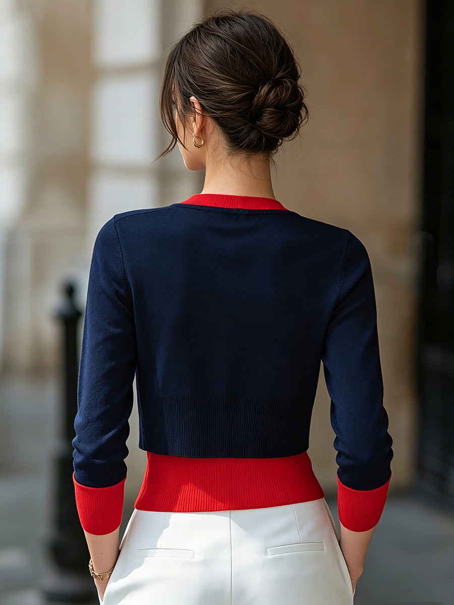 Color-Blocked Layered Button-Down Knit Cardigan