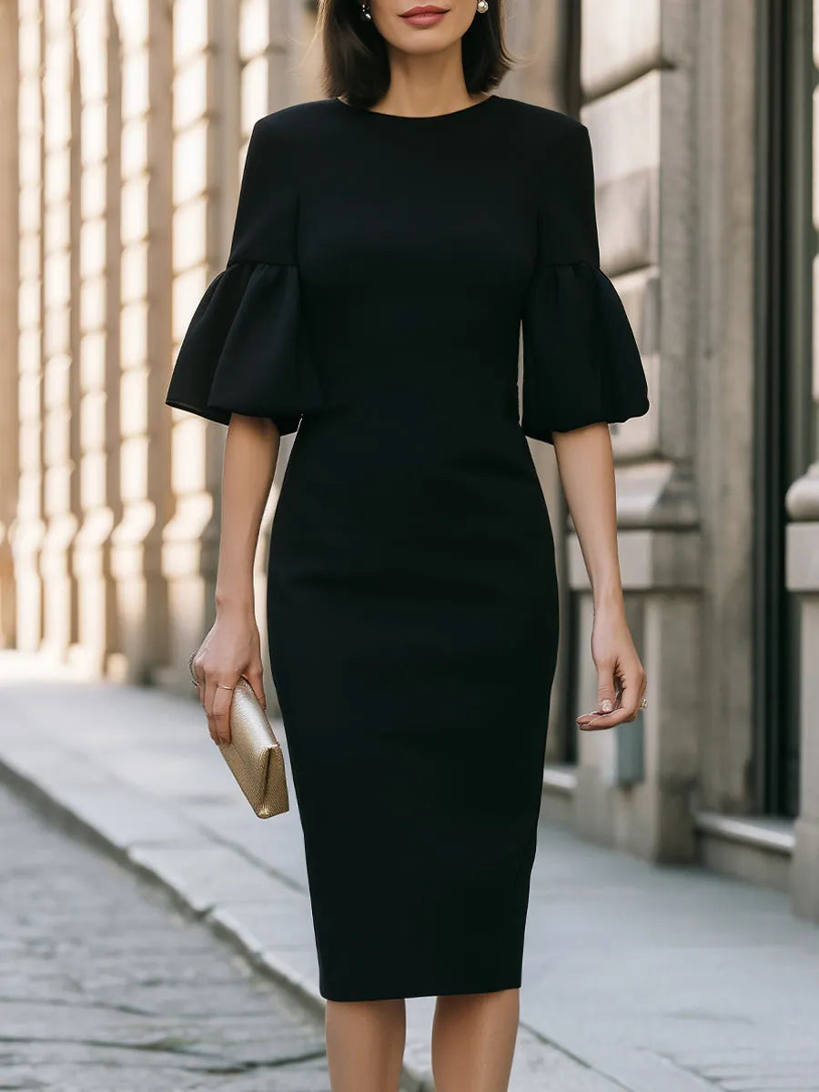 Black Puff Sleeve Sheath Dress Elegant Minimal Office Midi Dress