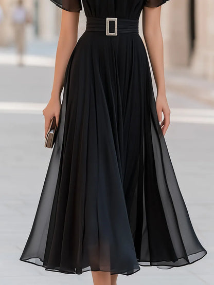 Semi-sheer Yoke Belted Chiffon Midi Dress