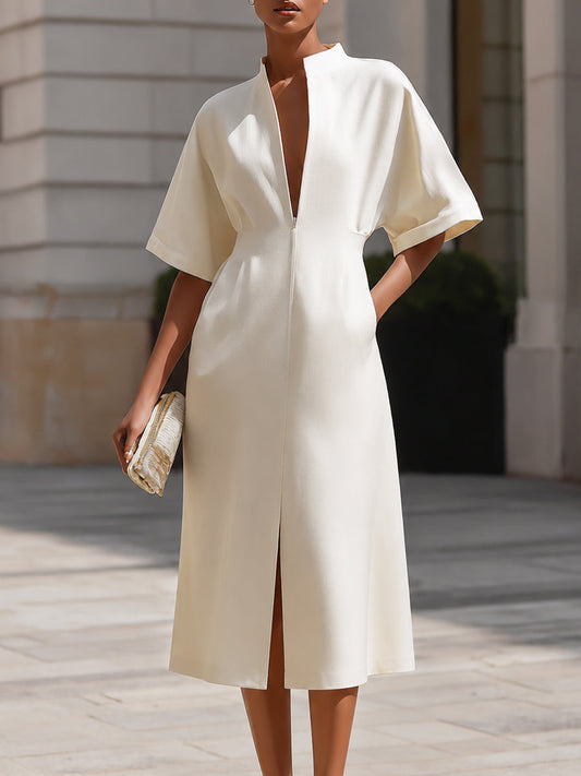 Zip-Front V-Neck Midi Dress With Structured Waist