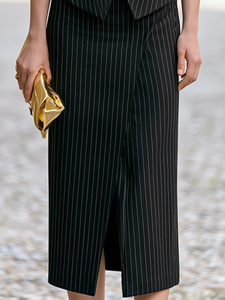 Pinstripe Sleeveless Tailored Vest & Midi Skirt Set