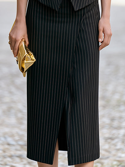 Pinstripe Sleeveless Tailored Vest & Midi Skirt Set