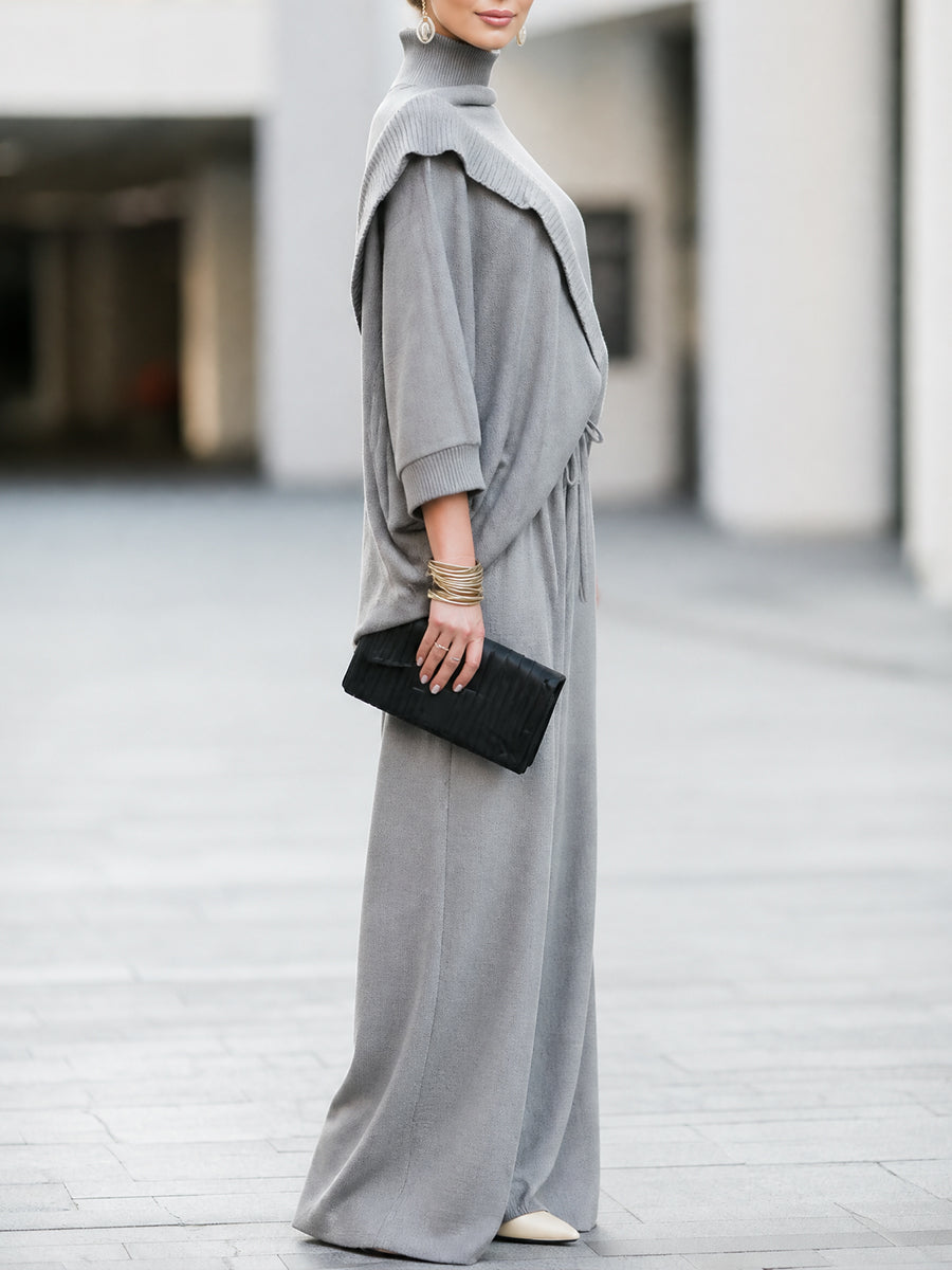 Cowl Neck Batwing Sleeve Knit Top With Wide Leg Pants Set