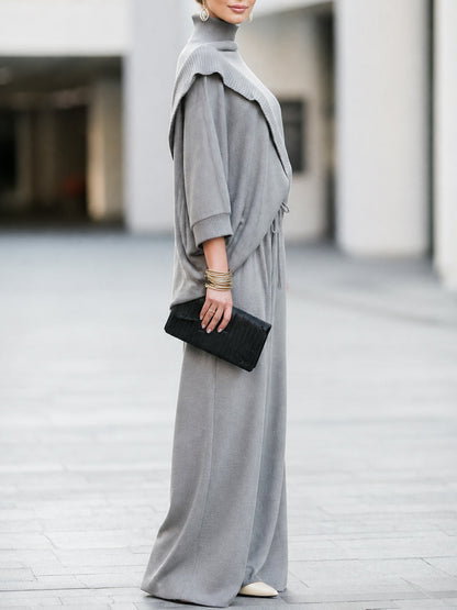 Cowl Neck Batwing Sleeve Knit Top With Wide Leg Pants Set