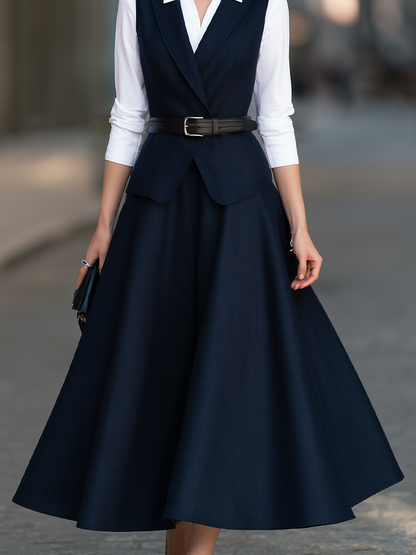 Point-Collar Shirt, Tailored Vest And Flared Midi Skirt Three-Piece Set