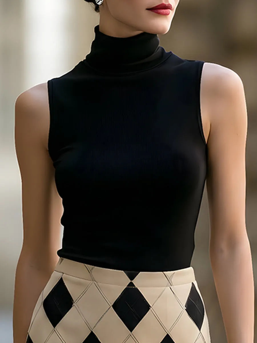 Black Sleeveless Turtleneck Top & Argyle Pencil Skirt Two-Piece Set
