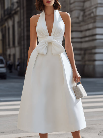 Elegant Bow Accent Halter Midi Dress