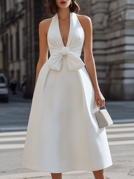 Elegant Bow Accent Halter Midi Dress