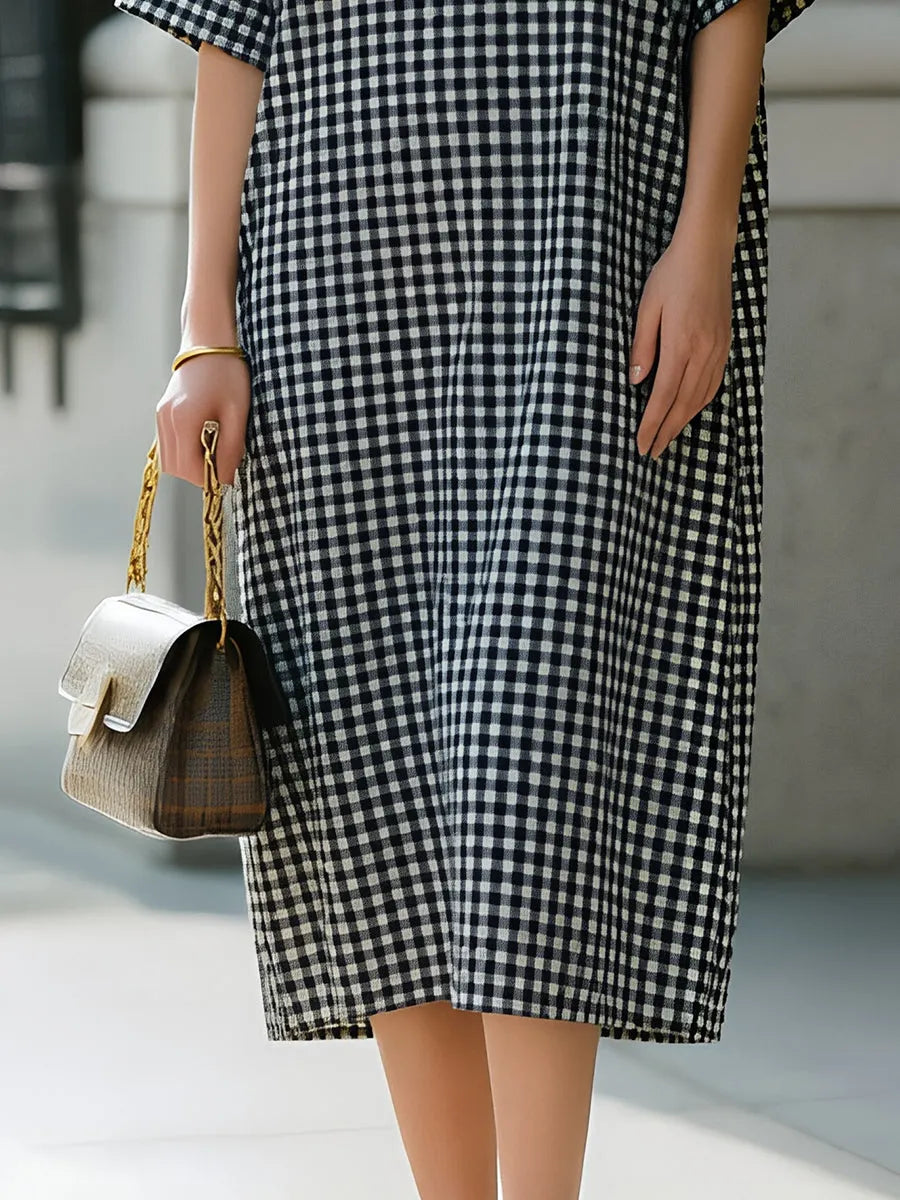 Black-and-White Gingham High-Neck Short-Sleeve Midi Shift Dress