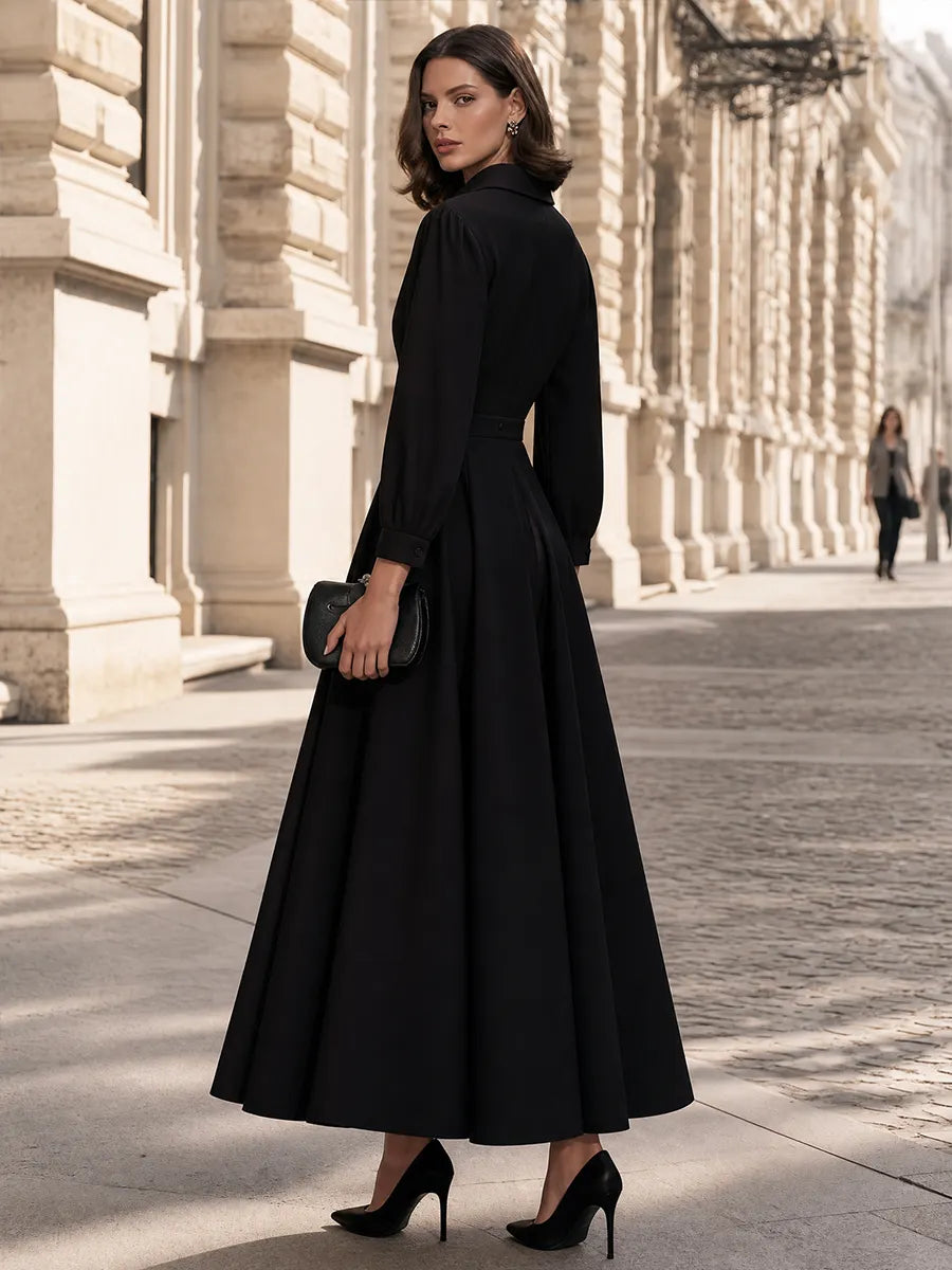 Elegant Black Shirt Collar Puff Sleeve A-Line Maxi Dress