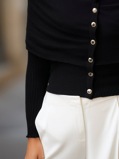 Boat-Neck Button-Down Draped Knit Sweater