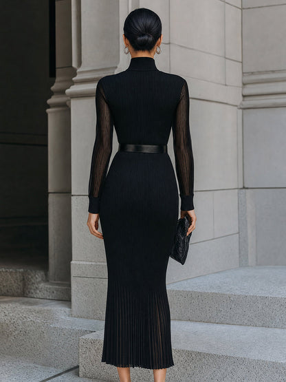Belted Sheer-Yoke Ribbed Column Midi Dress