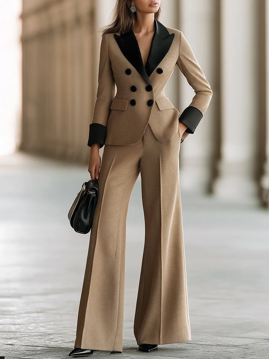 Contrast-Lapel Double-Breasted Wide-Leg Pants Set