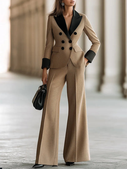 Contrast-Lapel Double-Breasted Wide-Leg Pants Set