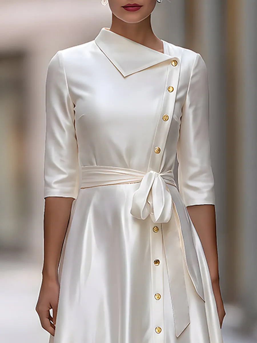 Satin Asymmetric Collar Gold Button Belted Midi Dress