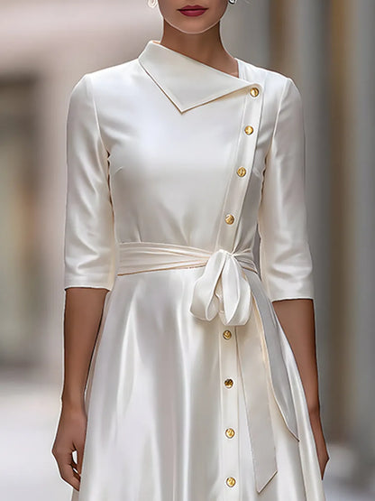 Satin Asymmetric Collar Gold Button Belted Midi Dress