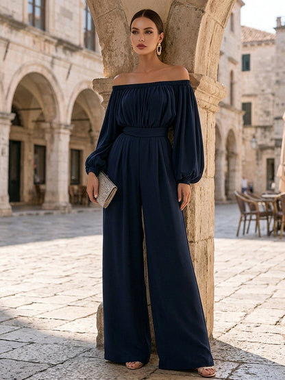 Off-Shoulder Cotton Blend Wide-Leg Jumpsuit