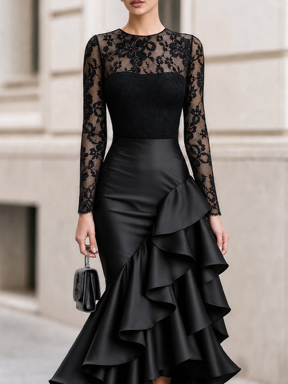 Long‐Sleeve Floral Lace Bodice Satin Asymmetrical Ruffle High‐Low Evening Dress